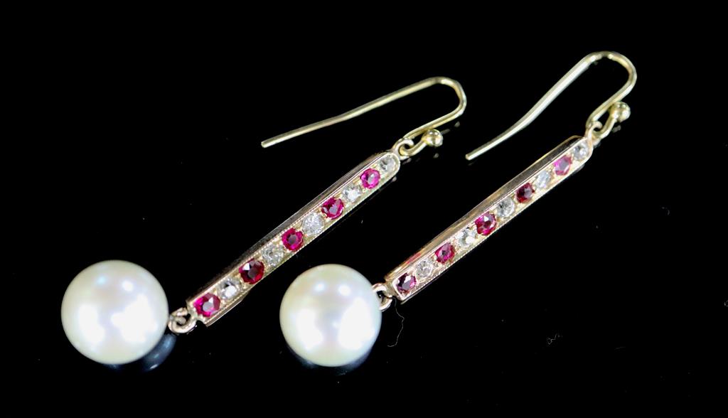 A pair of gold, channel set ruby and diamond drop cultured pearl line earrings,